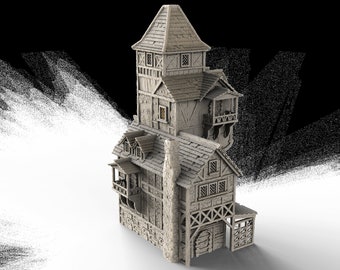May include: A detailed model of a medieval-style building with a tower, balconies, and a chimney. The structure is primarily beige with brown accents, featuring multiple windows and a textured roof. The design evokes a fantasy or historical theme.