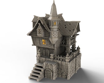 May include: A 3D printed model of a stone building with a pointed roof, a tower, and a small porch. The building has windows and a door, and is painted in a light grey colour.