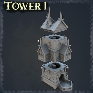 May include: A gray, wooden tower model with a pointed roof and a small door. The tower is made up of four separate pieces that can be assembled.