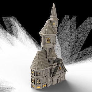May include: A gray, miniature, detailed model of a tower house with a pointed roof and multiple windows. The windows have a warm, yellow glow.