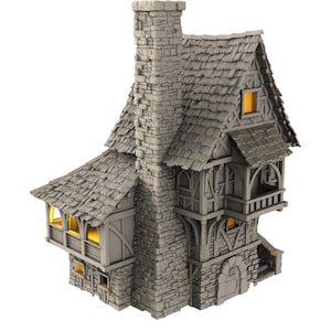 May include: A miniature stone and wood house with a tall chimney and a gabled roof. The house has a small balcony and a door with a window above it. The house is painted in shades of gray and brown.