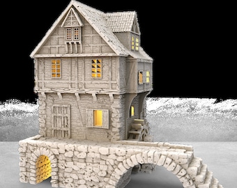 DnD Terrain STL Riverside Manor & Waterwheel | Tudor 3D Print 28mm 32mm Tabletop RPG Wargaming