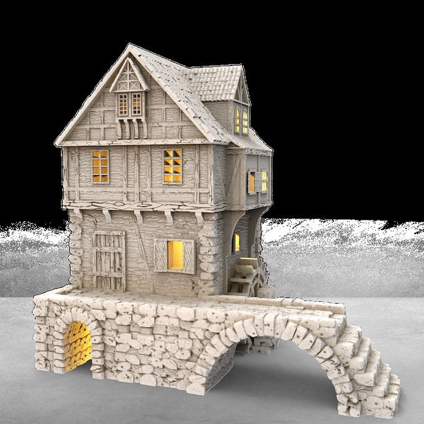Tabletop RPG Terrain - Riverside Manor with WaterWheel - Dungeons and Dragons - Digital STL
