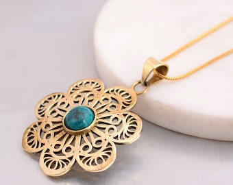Brass & Turquoise Flower Necklace: Bohemian Filigree Pendant