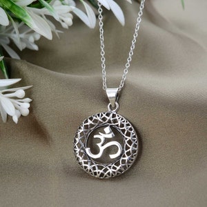 Sterling Silver Om Pendant, Spiritual Symbol Necklace, Filigree Round Charm, Yoga Jewelry, Gift for Her