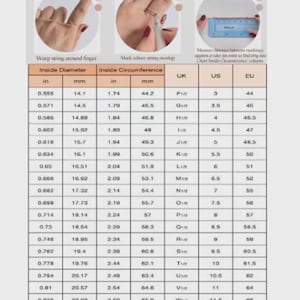 May include: Ring sizing guide with steps: wrap string, mark overlap, and measure. Includes tables for inside diameter in inches and mm, inside circumference in inches and mm, and corresponding UK, US, and EU ring sizes.