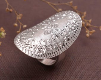 Sterling Silver Sunburst Mandala Ring, Large Boho Statement Jewelry