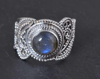 Wide Band Labradorite Sterling Silver Ring, Handmade Bohemian Jewelry