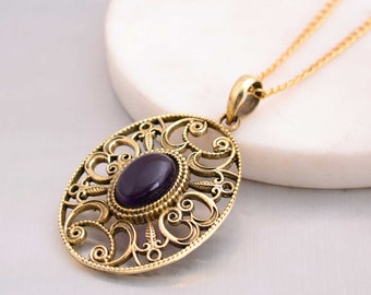 Antique Brass Oval Filigree Pendant Necklace with Amethyst Gemstone, Victorian Style Statement Jewelry, Boho Handmade Gift for Her