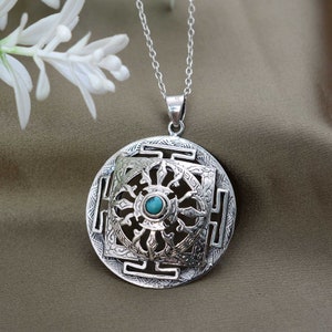 Tibetan Mandala Necklace, Sterling Silver Meditation Pendant, Turquoise Stone, Spiritual Jewelry, Gift For Her Silver Pendant