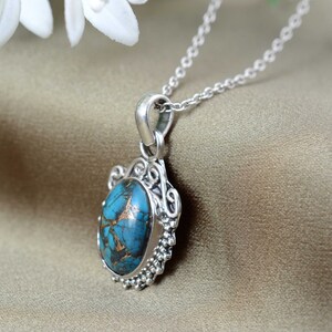 Copper Turquoise Pendant , 925 Sterling Silver Pendant , Handmade Pendant,Oval Turquoise Pendant , Gift for Mom , December Birthstone