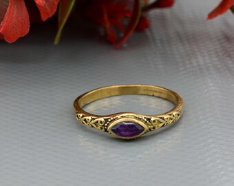 Handmade Brass Ring with Amethyst, Filigree Boho Jewelry, Anniversary or Engagement Gift For Her