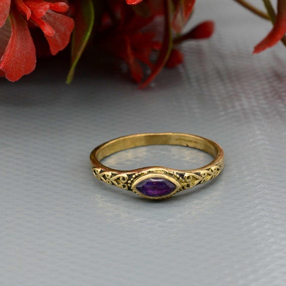 Handmade Brass Ring with Amethyst, Filigree Boho Jewelry, Anniversary or Engagement Gift For Her