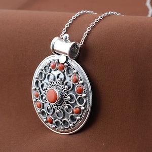 Large Coral Mandala Pendant,April Birthstone, Zodiac Sign Pendant, Buddhism jewelry, Coral Jewelry, Vintage Tibetan design, Birthday Gift,