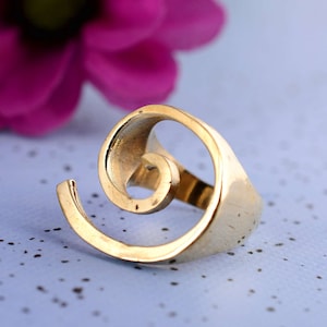 May include: A gold-colored ring with a spiral design. The ring has a smooth, polished finish and a unique, open design. The spiral curves around the finger, creating an eye-catching look. The ring is set against a soft, blurred background with a pink flower.