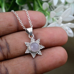 Sterling Silver Rose Quartz Star Pendant, Boho Sunburst Necklace, Celestial Gemstone Jewelry, Handcrafted Gift for Women