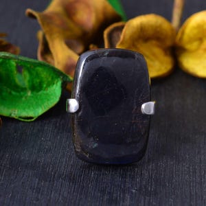 Könnte beinhalten: Ein rechteckiger, dunkelblauer Edelsteinring mit silbernen Akzenten. Der polierte Stein hat eine leicht abgerundete Form und ist in einer schlichten Silberfassung gefasst. Der Ring wird vor einem dunklen Hintergrund mit getrockneten Blättern präsentiert.
