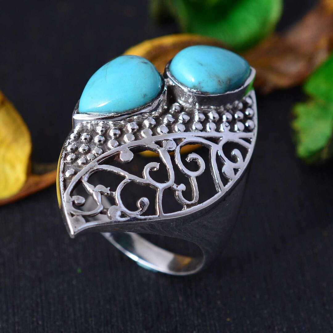 Boho Turquoise Filigree Statement Ring in Sterling Silver | Large Two ...