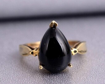 Black Onyx Pear Ring, 14K Gold Gemstone Ring, Teardrop Onyx Ring, Minimalist Gold Ring, Gift for Her, Handmade Jewelry