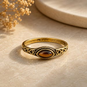 Tigeröga-mässingsring, etsad vintagering, markisen-ädelstensring, bohemiska smycken