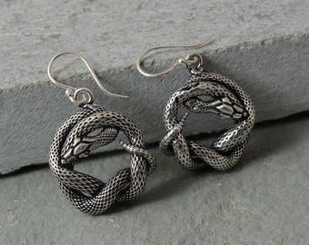 Serpent Hoop Earrings, Brass Ouroboros Jewelry, Gothic Pagan Earrings