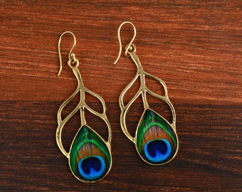 Gold Plated Brass Peacock Feather Dangle Earrings, Boho Chic