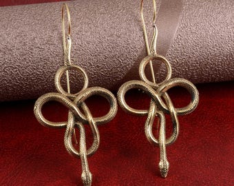 Boucles d'oreilles pendantes faites main en laiton avec noeud serpent, bijoux gothiques Ouroboros