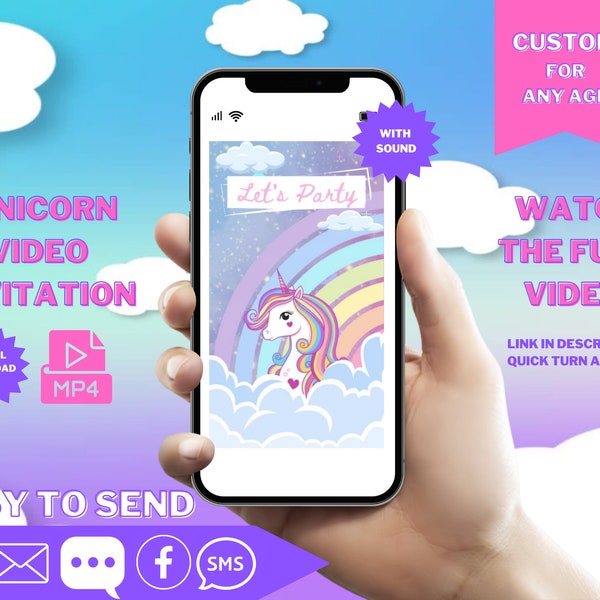 Unicorn Invitation, Unicorn & Rainbows Birthday Video Invitation, Unicorn Animated Video, Unicorn Custom Invite, Unicorn personalized video