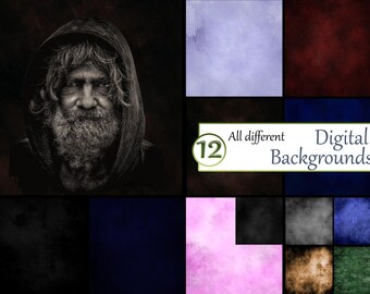 May include: A collection of 12 digital backgrounds featuring various textured colors including light purple, dark red, deep blue, black, gray, pink, tan, and green, alongside a portrait of a bearded person in a dark hooded sweatshirt with text 12 All different Digital Backgrounds.