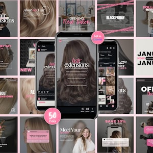 Modelli Instagram per extension per capelli Canva / 150 post e storie per saloni