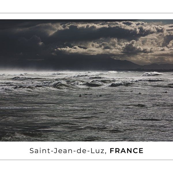 Waves and surfers in Saint-Jean-de-Luz France A3 poster, ideal for home decor or wall art and gift