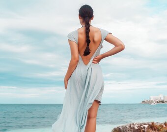 Farah boho beach dress vacation linen dress sexy back linen long photoshot