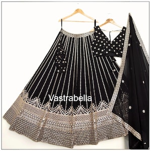 Lehenga Choli negra con lentejuelas, lehenga choli para boda india, lehenga choli para mujer, ropa de fiesta de Bollywood, diseñador, lista para usar, lahangas