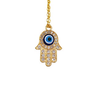 Collier mauvais œil Hamsa main de Fatima en or, pendentif protecteur, strass scintillants, breloque mauvais œil Hamsa main.