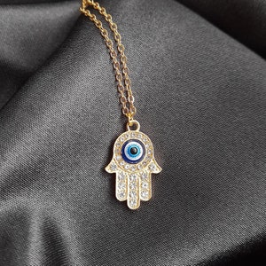 Main de Hamsa, collier main de Fatima, pendentif protecteur, charme mauvais œil scintillant main de Hamsa. Collier mauvais œil, bijoux faits main Hamsa.