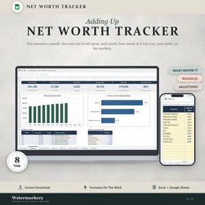 Peut inclure: Un tableur numérique de suivi de la valeur nette affiché sur un écran d'ordinateur portable et un smartphone. L'interface présente des données financières, des graphiques à barres et des tableaux. Le texte inclut Net Worth Tracker.