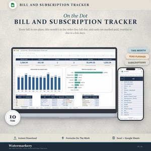 Puede incluir: Una hoja de cálculo digital para el seguimiento de facturas y suscripciones mostrada en la pantalla de un portátil y un teléfono inteligente. La interfaz incluye gráficos de barras azules, tablas y métricas de gastos mensuales con el texto Bill and Subscription Tracker.