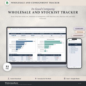 Op de afbeelding: Een digitaal spreadsheet voor groothandel- en consignatiebeheer, weergegeven op een laptop- en smartphonescherm. De interface bevat gegevenstabellen, staafdiagrammen en financiële overzichten voor het bijhouden van winkelinkomsten.