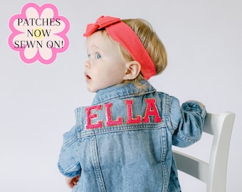 Girls Chenille Sewn On Patch Jean Jacket | Chenille Name Patch Denim Jacket | Toddler Girls Custom Jean Jacket | Personalized Baby Jacket