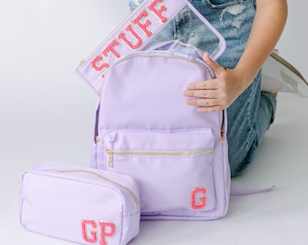 Personalized Nylon Backpack and Cosmetic Bag and Clear Zip Pouch | Customizable Chenille Patch Bags | Personalized Kid Back to School Bags