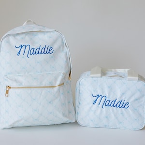 Ensemble sac à dos et boîte à lunch bleus personnalisés | Sac à dos avec prénom brodé | Sac d'école pour enfant | Sac à dos avec nœud et boîte à lunch personnalisés