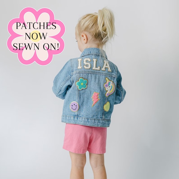 Girls Chenille Sewn On Patch Jean Jacket | Chenille Name Patch Denim Jacket | Toddler Girls Custom Jean Jacket | Personalized Baby Jacket