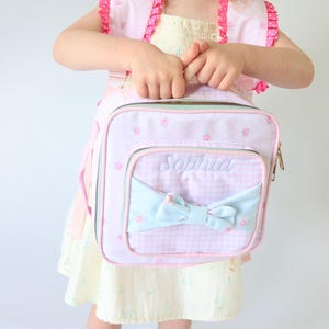 Personalized Girls Lunch Box | Embroidered Name Lunch Box | Pink Gingham Lunch Box | Back to School Bag | Custom Bow Lunch Box
