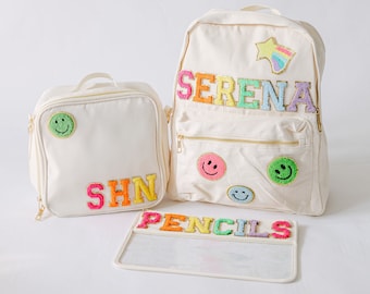 Personalized Nylon Backpack and Lunch Bag and Clear Zip Pouch | Customizable Chenille Patch Bags | Personalized Kid Back to School Bags