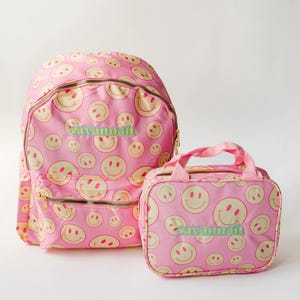 Personalized Retro Smiley Face Backpack and Lunch Box Set | Embroidered Name Backpack | Kid Back to School Bag | Custom Backpack & Lunch Box