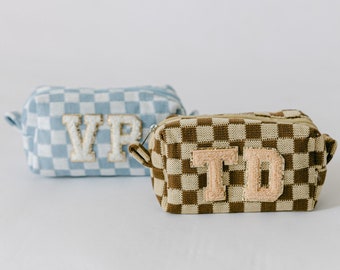 Personalized Chenille Patch Checkered Cosmetic Bag | Custom Patch Make Up Pouch | Checker Makeup Bag | Bridesmaid Gifts | Personalized Gift