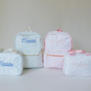 Ensemble sac à dos et boîte à lunch avec nœud rose personnalisé | Sac à dos avec prénom brodé | Sac d'école pour enfant | Sac à dos avec nœud et boîte à lunch personnalisés