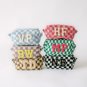 Personalized Chenille Patch Checkered Cosmetic Bag | Custom Patch Make Up Pouch | Checker Makeup Bag | Bridesmaid Gifts | Personalized Gift