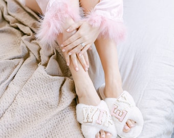 Custom Fuzzy Slippers | Chenille Letter Patch Slippers | White Cross Strap Slippers |  Bridesmaids Gifts | Bride Slippers