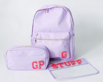 Personalized Nylon Backpack and Cosmetic Bag and Clear Zip Pouch | Customizable Chenille Patch Bags | Personalized Kid Back to School Bags